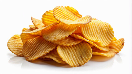 golden mountain of crispy, corrugated potato chips, ready to be devoured A close-up view of a mound of delicious potato chips, each one perfectly white background 