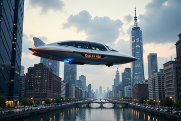 Naklejka premium A Futuristic Flying Vehicle Gliding Elegantly Over a Vibrant Urban Skyline of the City