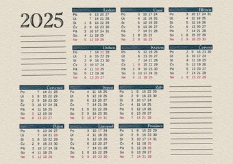 2025 calendar layout featuring months and days in organized grid format for planning
