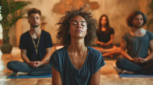 Focused woman doing group meditation yoga practice mindfulness studio mat relaxation calm serene peaceful harmony peace balance, breathing exercise wellness healthy lifestyle stretching inner zen