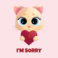 Cute sad kitten with a red heart asks for forgiveness. Lettering sorry .Isolated vector illustration