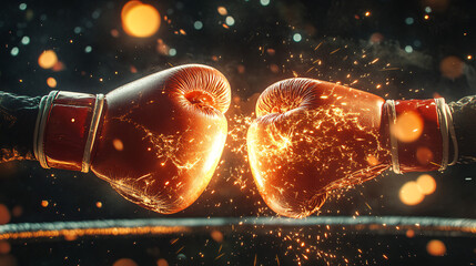 Pair of Boxing Gloves Colliding in Mid-Air, Exploding with Energy Sparks, Suspended Over a Ring 