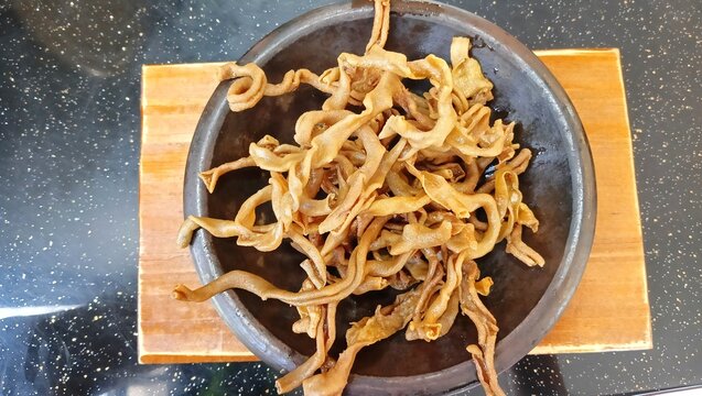 usus ayam goreng or fried chicken intestines is indonesian food. top of view.
