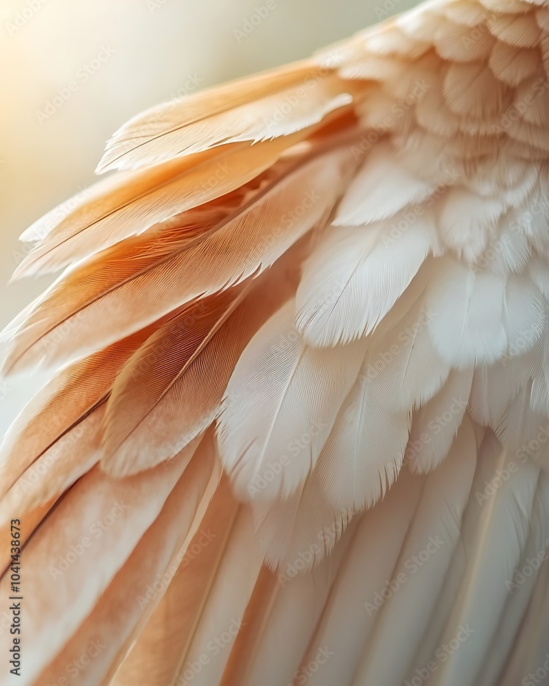 Poster a close-up view of delicate feathers with soft hues, showcasing intricate details and textures of a 