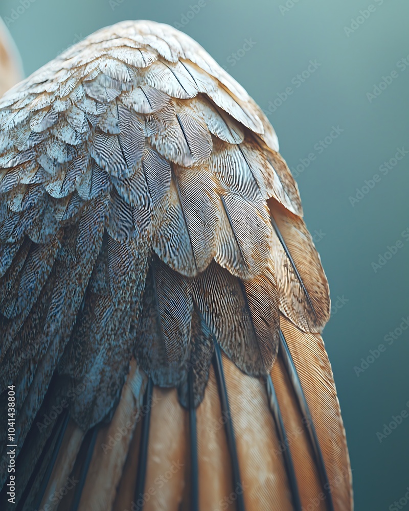 Poster a close-up view of a bird's wing, showcasing intricate feather patterns and textures in soft, muted 