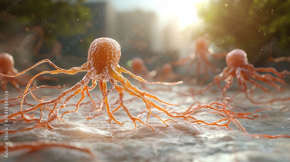 Poster intriguing microcosm a close-up exploration of cellular life forms with tentacle-like projections in