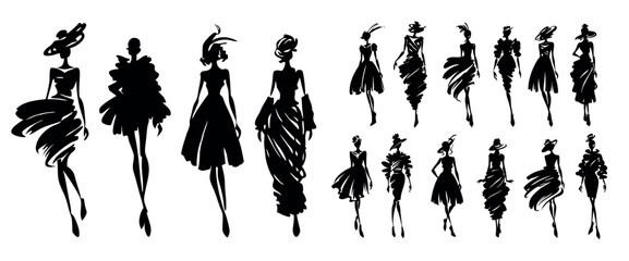 fashion models in evening gowns cocktail dresses sketch silhouettes, glamour femininity beauty elegance