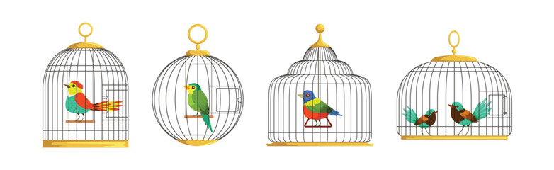 Colorful Bird Perching in Cage with Metal Wire Vector Set