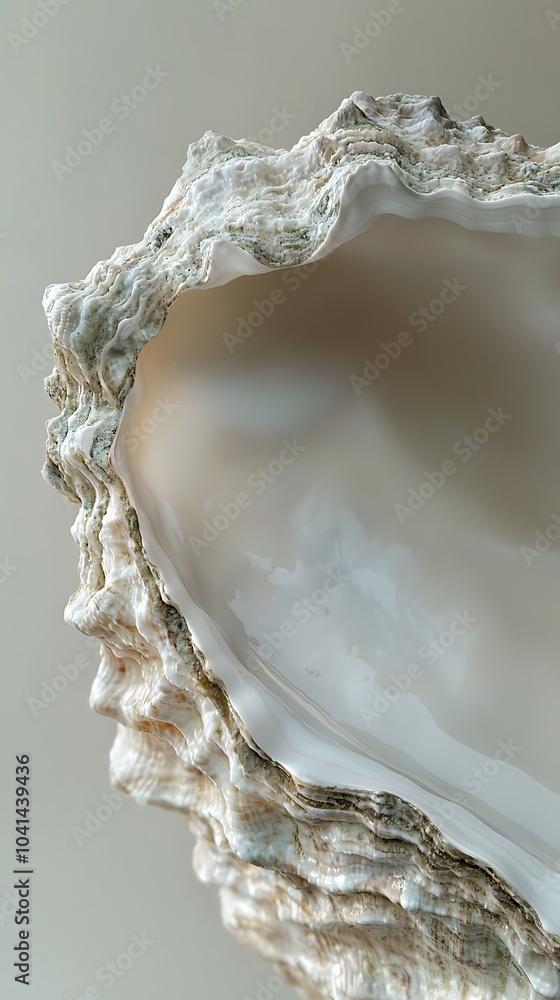 Poster a close-up view of a beautifully textured oyster shell, showcasing its unique pattern and smooth int