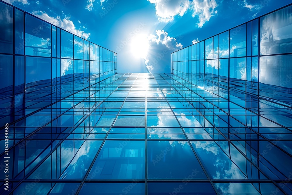 Poster view of a modern skyscraper with solar windows, generating power while providing a sleek architectur