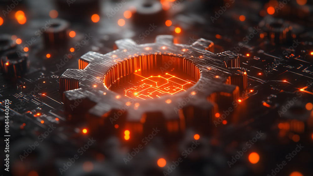 Poster a close up of a gear with a glowing orange center. the image is a representation of a computer chip 