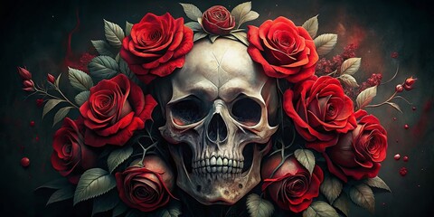 Rose Skull Silhouette Photography - Dark Aesthetic Tattoo Design with Red Roses and Watercolor Elements for Unique Artistic Expression