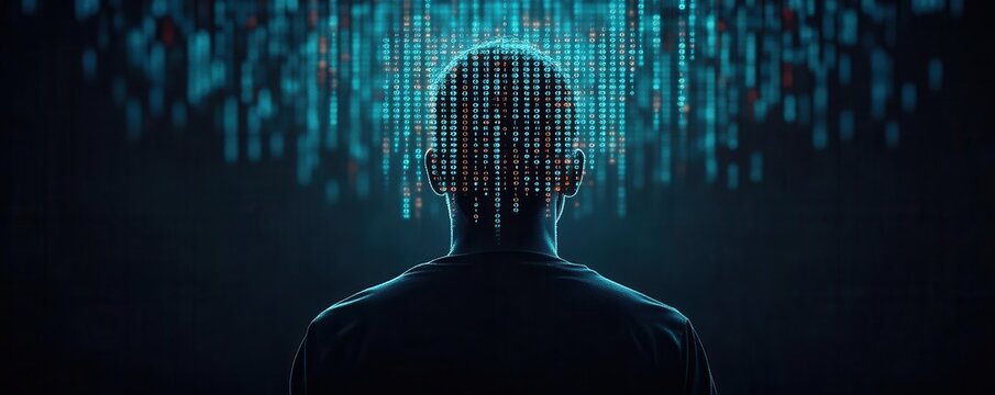 A person s silhouette with binary code raining down, symbolizing digital identity protection, cybersecurity, identity privacy