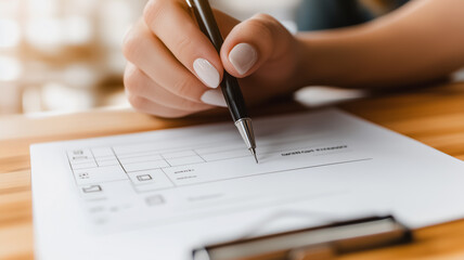 A woman is writing with a pen on a piece of paper. Concept of focus and determination as the woman carefully writes her thoughts. The act of writing can be seen as a form of self-expression