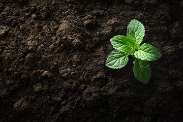 Naklejka premium Green Plant Sprouting From Dark Soil