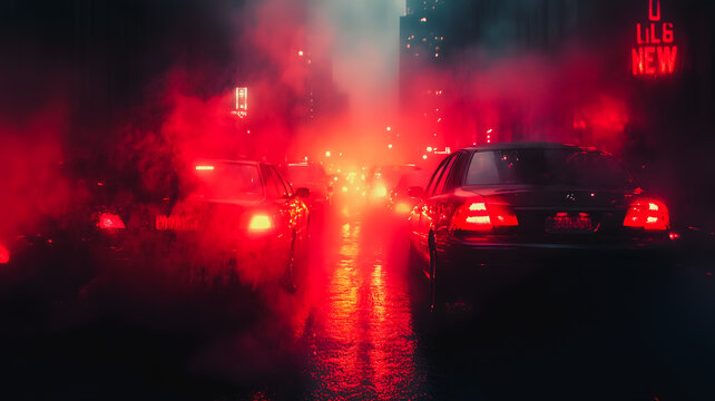 A red car is driving down a street with a red sign. The car is surrounded by other cars and the street is wet