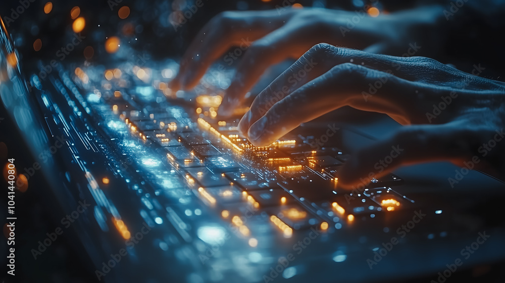 Poster a person is typing on a keyboard with glowing keys. concept of technology and modernity, as well as 