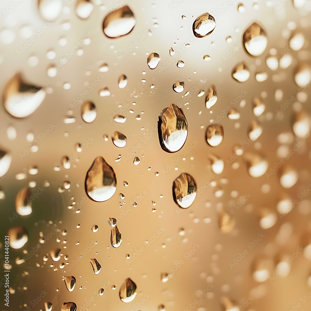 Poster a close-up view of water droplets on a surface, creating a blurred background effect with a warm, go