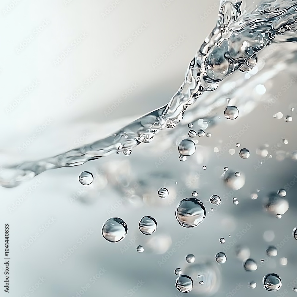 Poster a close-up image of water droplets suspended in motion, creating a calming effect with a soft, blurr