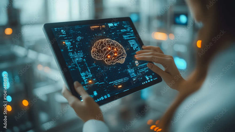 Poster a woman is holding a tablet with a brain image on it. the image is colorful and he is a representati