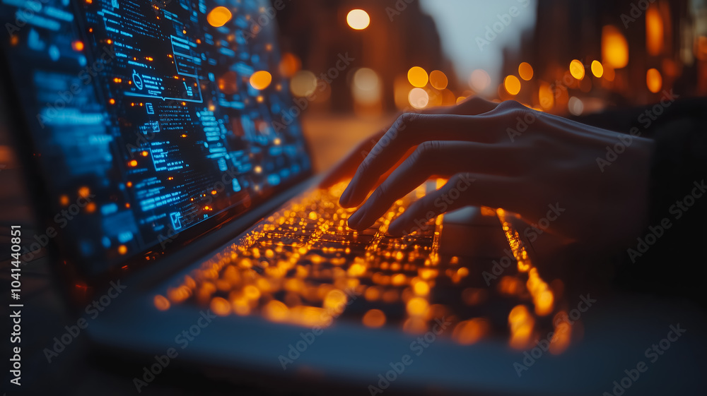 Poster a person is typing on a laptop with a keyboard that is lit up in orange. concept of urgency and focu