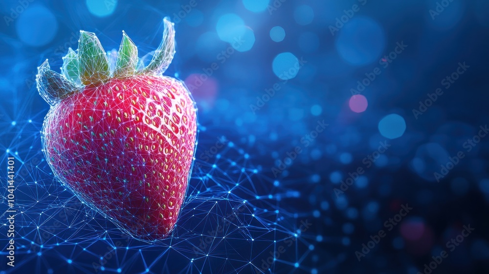 Wall mural a digital rendering of a strawberry with a network background, symbolizing technology and nature.