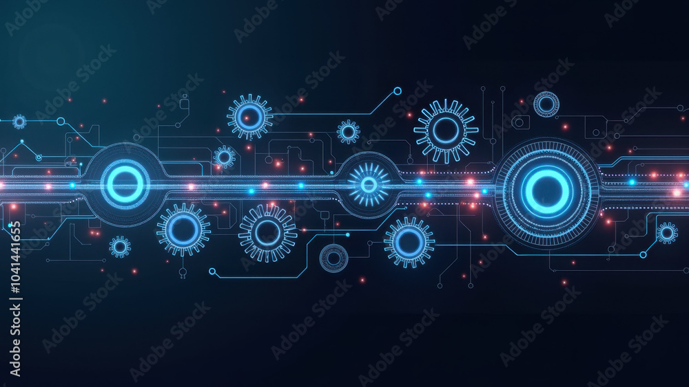 Poster futuristic abstract illustration of digital gears and circuitry, ideal for representing ci/cd pipeli