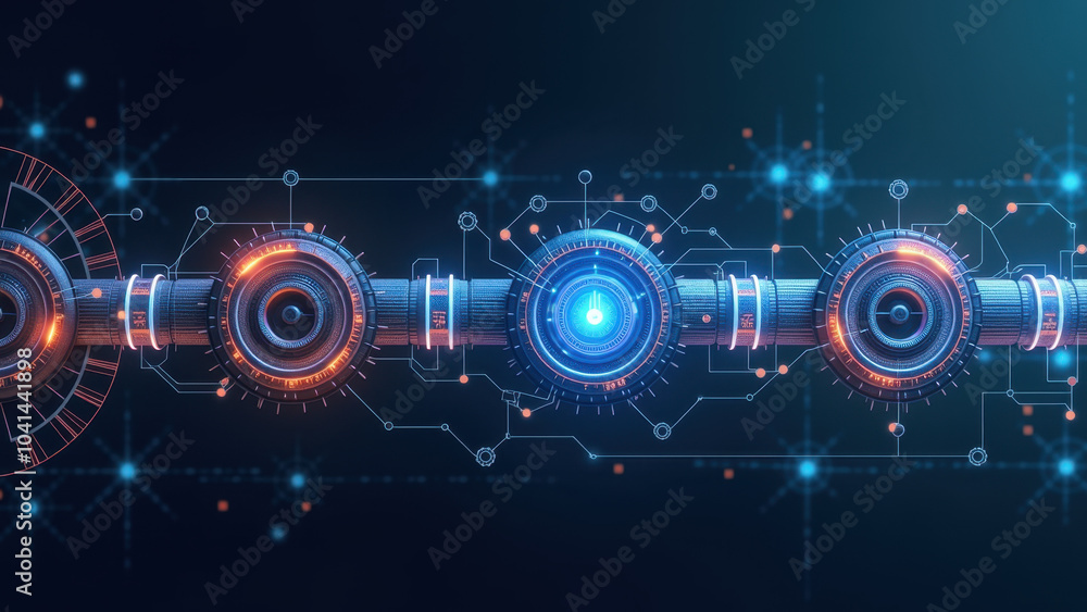 Poster futuristic abstract illustration of digital gears and circuitry, ideal for representing ci/cd pipeli