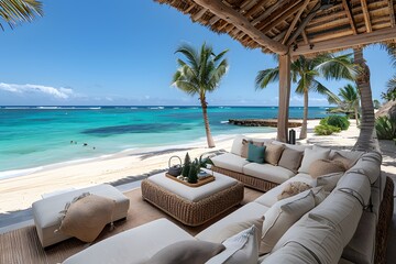 Obraz premium Tropical Beachfront Oasis with Luxurious Outdoor Lounge for Relaxation and Tranquility