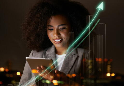 Young professional woman reviewing financial data on a tablet against a city skyline at night with growth chart overlay