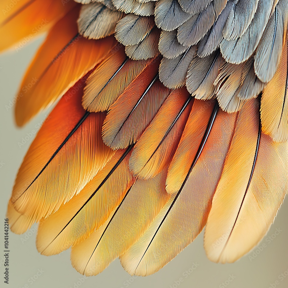 Poster a close-up view of colorful bird feathers, showcasing vibrant orange and gray hues along with intric