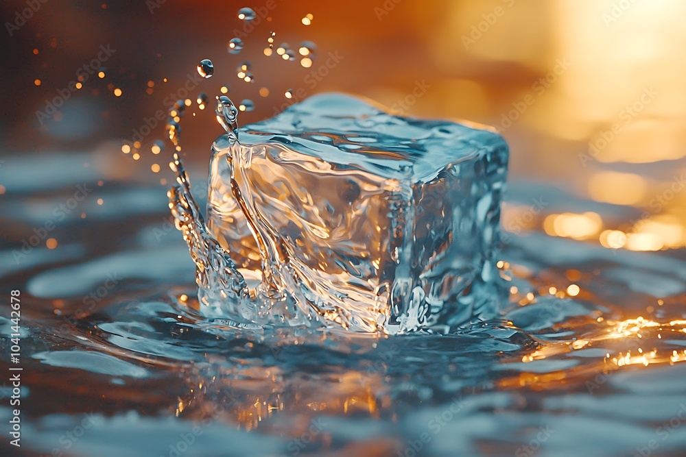 Poster a clear ice cube splashes into water, creating dynamic ripples and glistening droplets against a war
