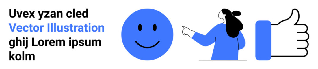 Cartoon figure pointing at happy face and thumbs-up symbol next to placeholder text. Ideal for user feedback, digital marketing, social media, client satisfaction, and online engagement. Landing page