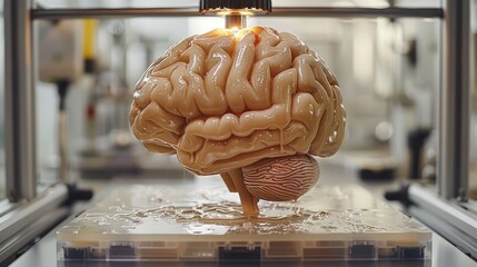 A 3D printer creates a realistic human brain model, blending technology and artistry in a research lab filled with scientific tools