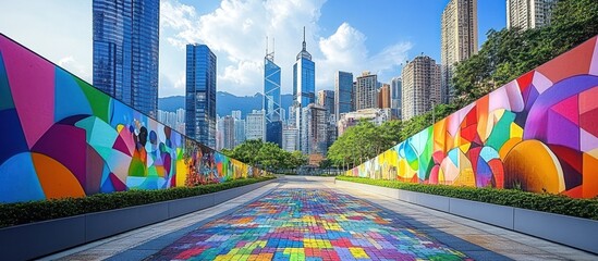Naklejka premium Colorful urban walkway with vibrant street art and skyscrapers in the background.