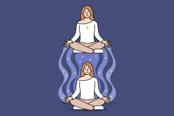 State of trance of meditating woman sitting in lotus position, with soul leaving body. Esoteric trance and astral travel for girl who cares about mental health and enlightenment of mind