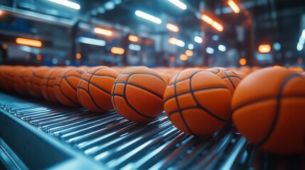 A close-up shot of a row of brand new basketballs moving along a conveyor belt in a factory setting.