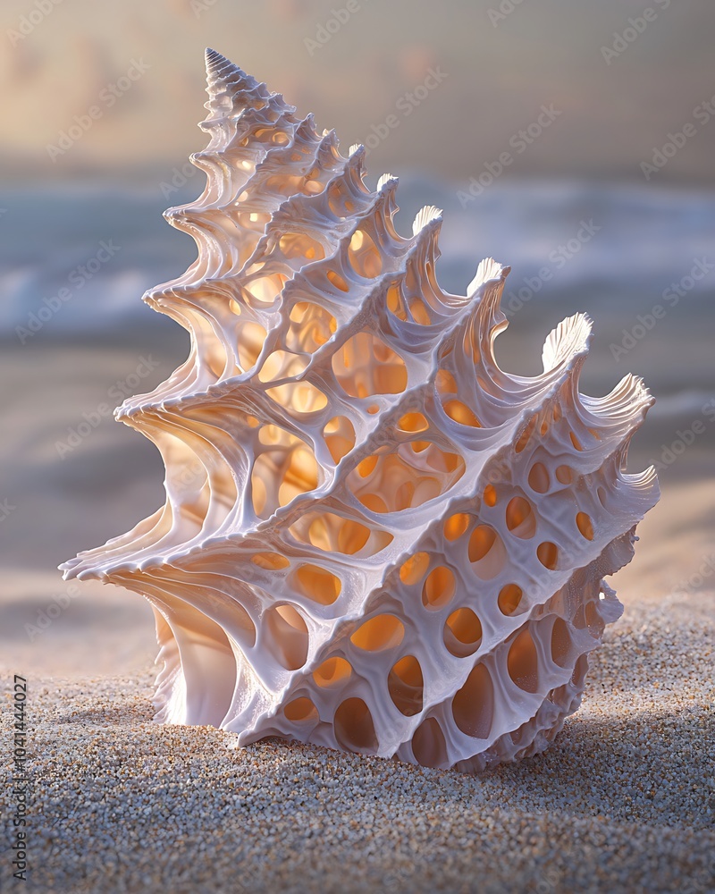Aufkleber a beautiful conch shell with intricate patterns, resting on sandy beach terrain, illuminated by soft