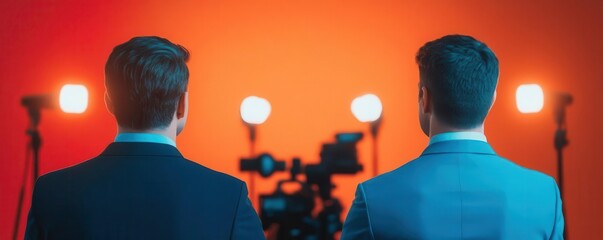 Two corporate leaders giving a joint press conference after successful merger talks, bright lights and cameras in the background, merger announcement, public business deal