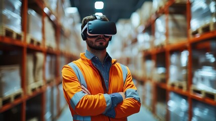 Warehouse workers using VR headsets for training in safe and efficient logistics operations, virtual reality in warehousing, innovative employee training