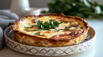 A delicious looking pie with herbs on top sits on a white plate. The pie is golden brown and looks freshly baked. The herbs on top add a pop of color and flavor to the dish. onion soup