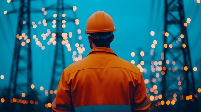 Man Repairing High Voltage Tower Amid Sparks and Dramatic Lighting in Futuristic Technological Landscape  Industrial Infrastructure Maintenance and Electrical Engineering Concept