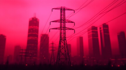 Fototapeta premium Repairing high voltage electrical wiring with intense electric arcs and sparks set against a cyberpunk inspired industrial landscape of towering machinery glowing circuits
