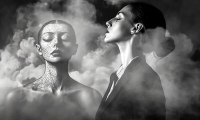 A Woman Gazing Upwards with a Cracked Face Behind Her