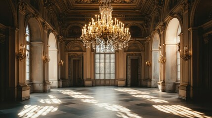Obraz premium Antique chandelier in a grand hallway, no people, ample copy space for text