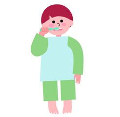 パジャマを着て一生懸命歯磨きをする幼い男の子の全身のイラスト