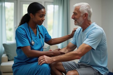 Black Doctor helps and advises the patient in the clinic. Concept of physiotherapy and a healthy lifestyle. Generative AI