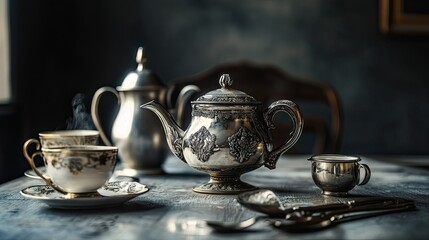 Fototapeta premium Antique silver tea set on a formal dining table, no people, open space for text