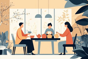 Fototapeta premium Minimalistic family gathering scene with warm tones for home decor and design