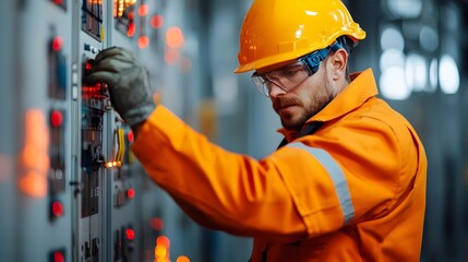 Skilled electrician in heavy duty protective gear diligently repairing high voltage electrical circuits with dramatic sparks showcasing their expertise and the vital high stakes nature of their work